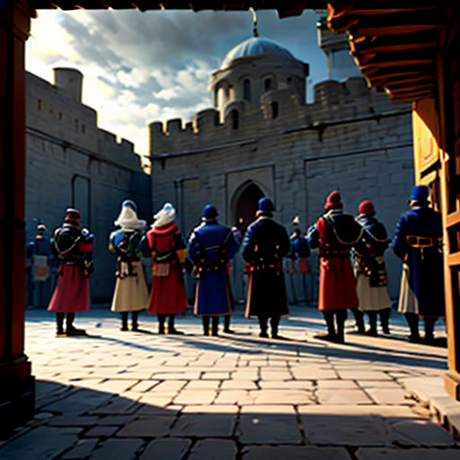a group of people standing in front of a castle with a clock tower in the background and a few people in costume