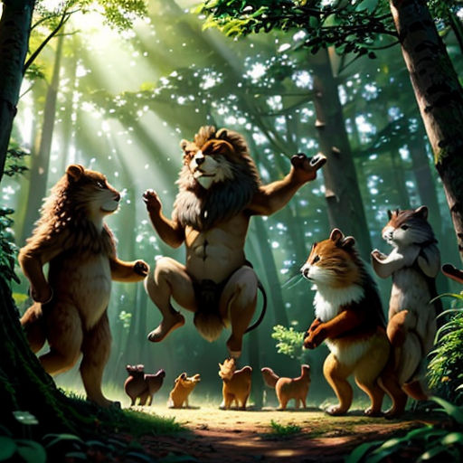 a group of animals standing in the middle of a forest with sunlight streaming through the trees and a person on one leg