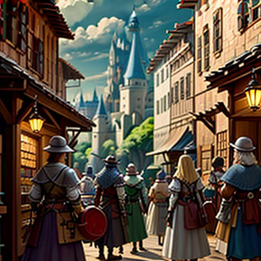 a group of people standing in front of a castle with a clock tower in the background and a castle in the background