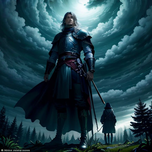 a man in armor standing in front of a giant sky with clouds and a giant moon above him, with a sword in his hand