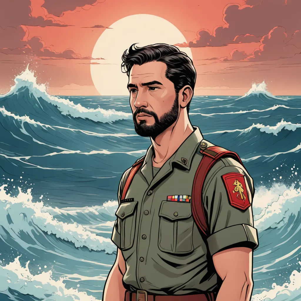 a man in a military uniform standing in front of a sunset over the ocean with a wave coming in, serial art, a character portrait, Diego Gisbert Llorens, character portrait