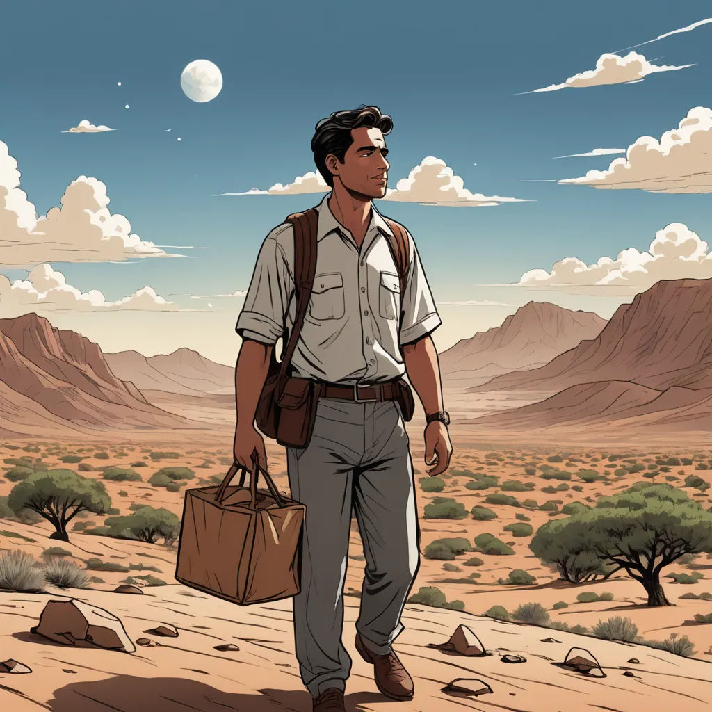 a man with a briefcase and a bag walking in the desert with a full moon in the sky above him, serial art, a character portrait, Asaf Hanuka, comic cover art