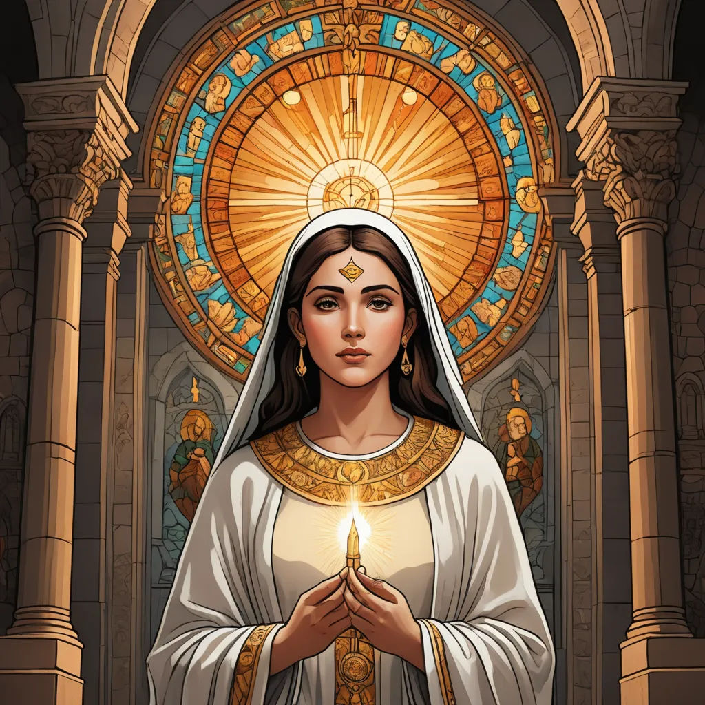 a painting of a woman holding a lit candle in front of a stained glass window with a stained glass window behind her, gothic art, egyptian art, Donato Giancola, radiant light