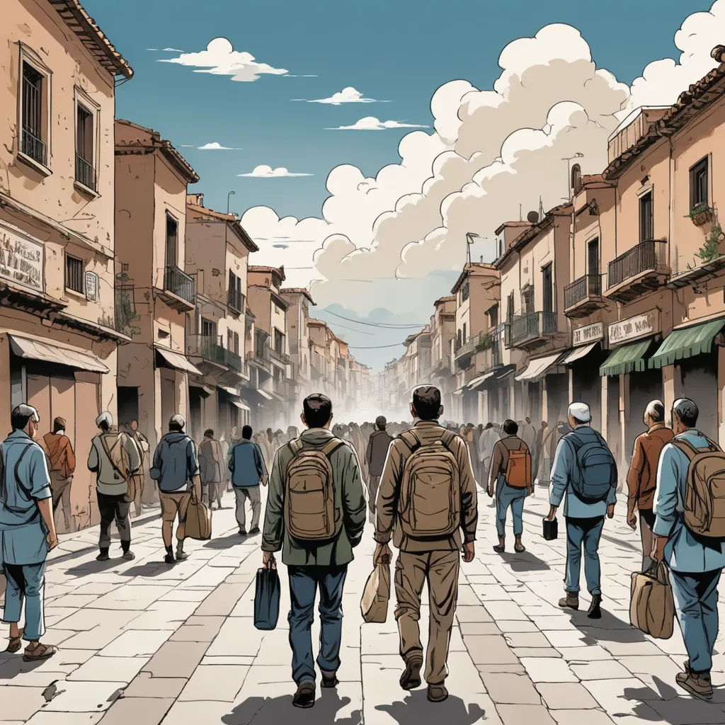a group of people walking down a street next to buildings and a sky with clouds in the background and a few people walking down the street, serial art, a comic book panel, Asaf Hanuka, graphic novel