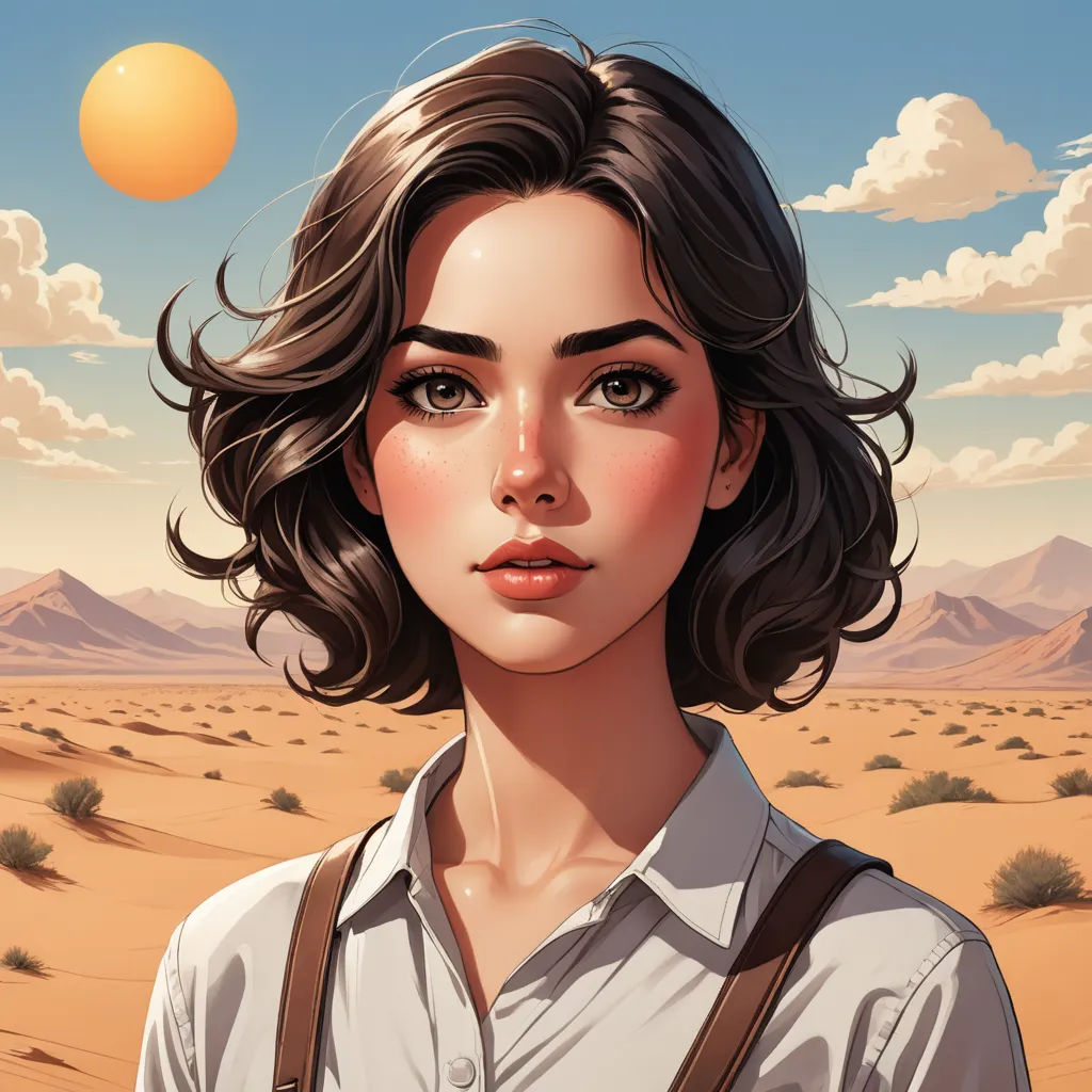 a woman with shoulder bags standing in the desert with a sun in the background and clouds in the sky, fantasy art, a character portrait, Atey Ghailan, rossdraws global illumination