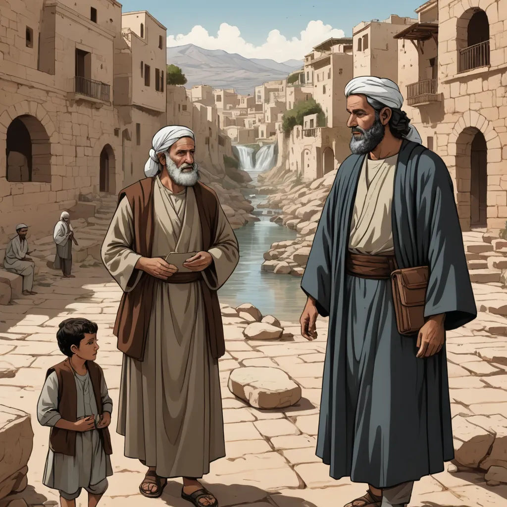 a painting of two men standing next to a boy in a desert town with a waterfall in the background, incoherents, a storybook illustration, Brothers Hildebrandt, storybook illustration