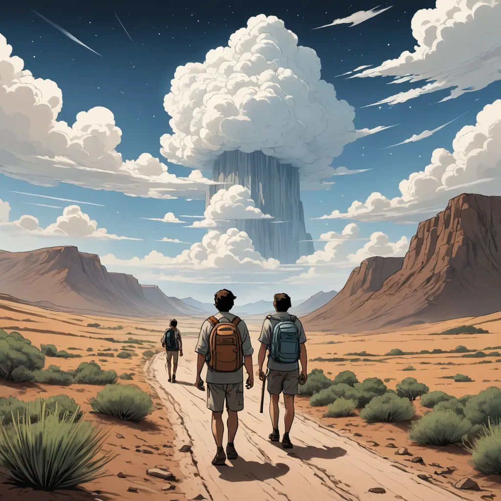 two people walking down a dirt road under a cloudy sky with a waterfall in the distance and a mountain in the background, nuclear art, a matte painting, Chris LaBrooy, extreme illustration