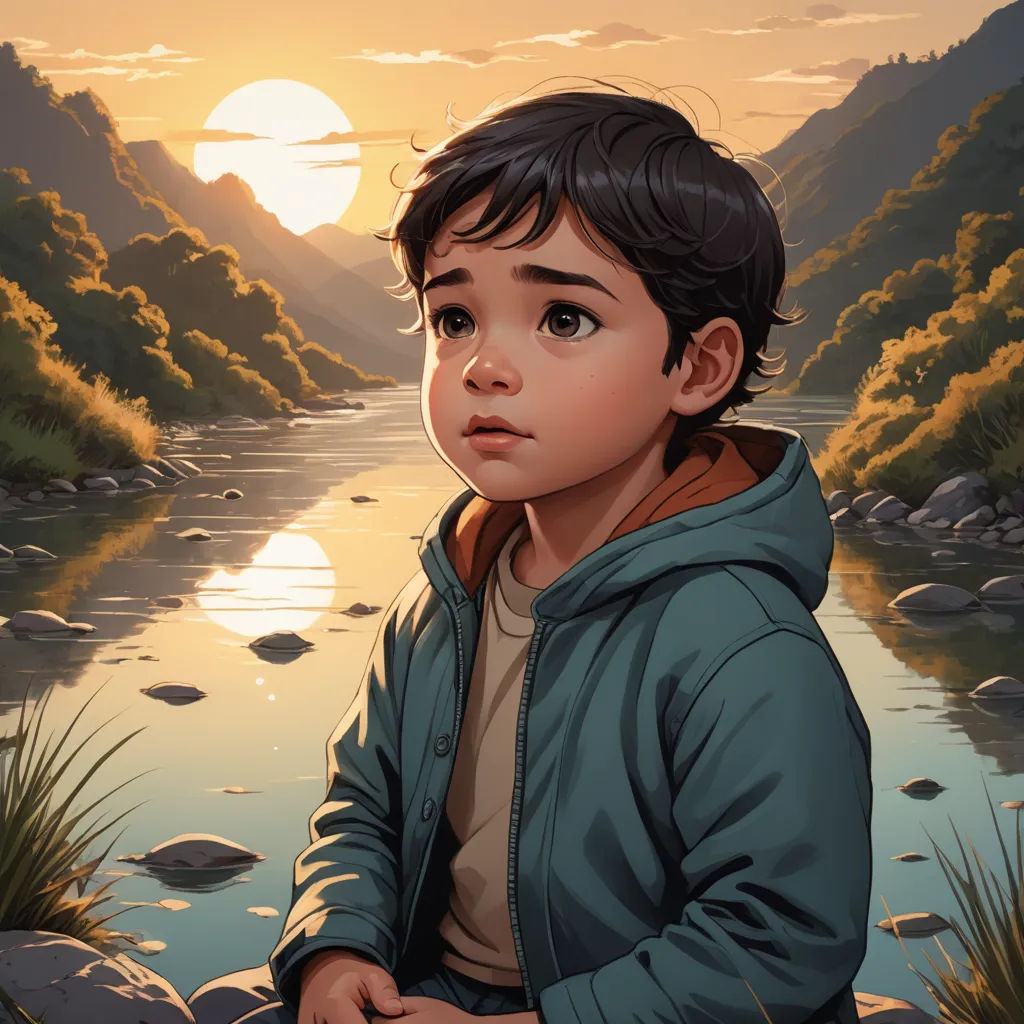 a boy sitting on a rock looking at the sunset over a river with mountains in the background and a river running through it, fantasy art, a storybook illustration, Diego Gisbert Llorens, highly detailed digital painting