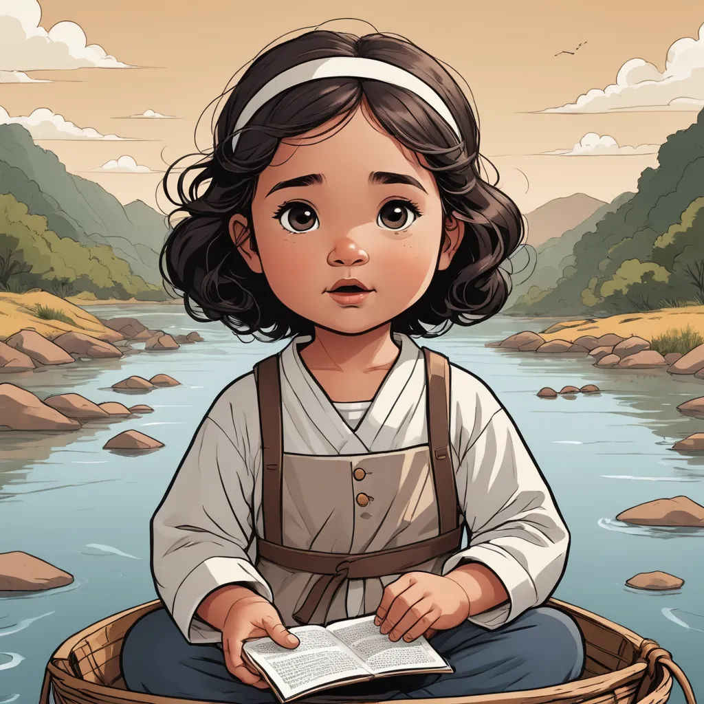 a little girl sitting in a basket reading a book by a river with rocks and trees in the background, serial art, a storybook illustration, Clarice Beckett, comic cover art