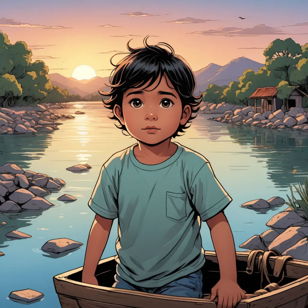 a boy in a boat on a river with rocks and trees in the background and a sunset in the sky, private press, a comic book panel, Diego Gisbert Llorens, comic cover art