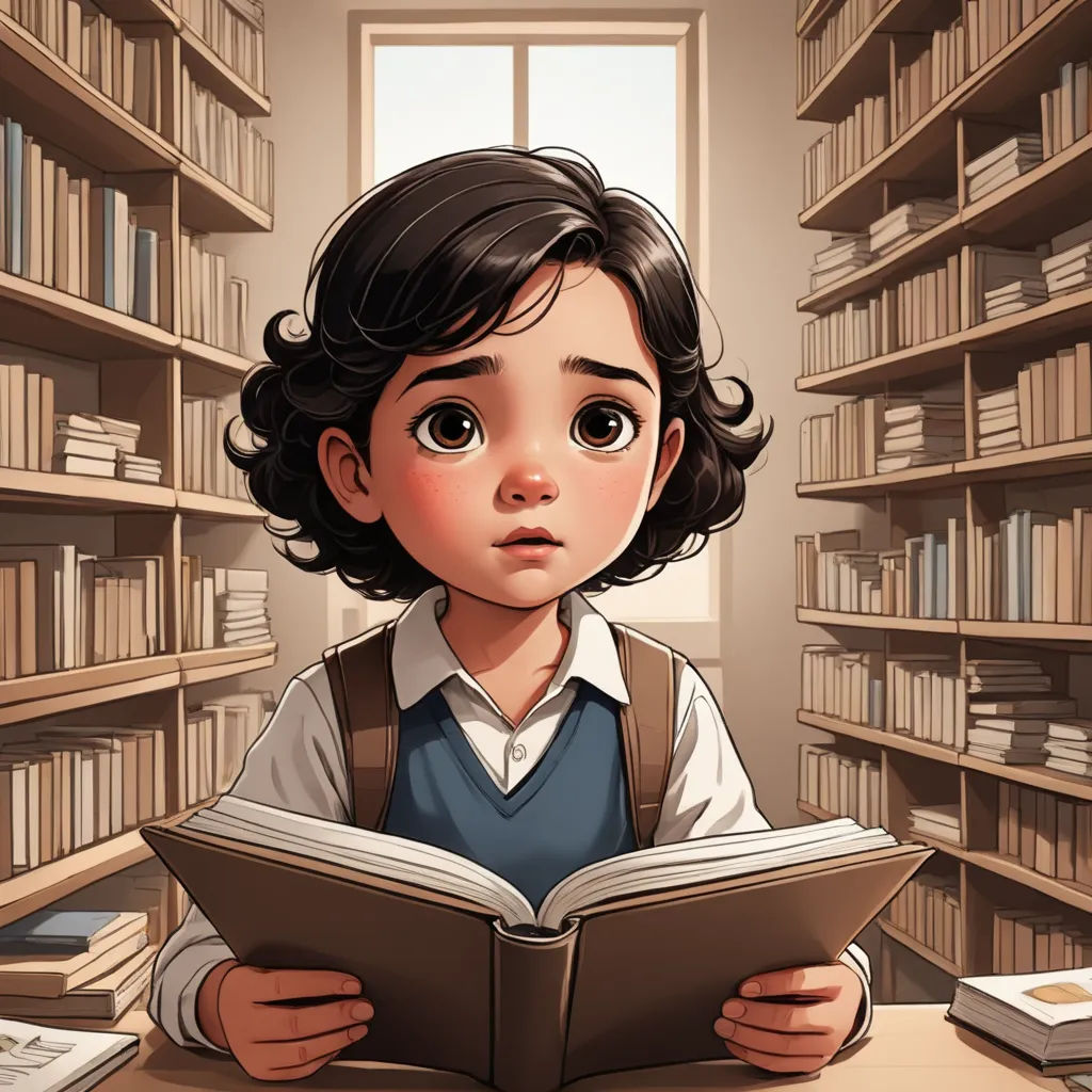 a young girl reading a book in a library with bookshelves behind her and a window in the background, academic art, a storybook illustration, Diego Gisbert Llorens, storybook illustration