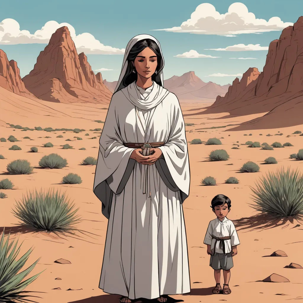 a woman in a white dress standing next to a child in a desert area with mountains in the background, serial art, a storybook illustration, Asaf Hanuka, western comic book art