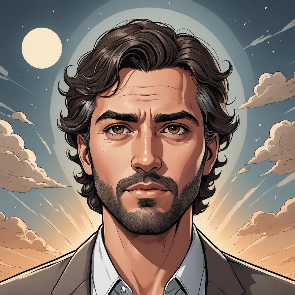 a man with a beard and a beard in a suit and tie in front of a sky with clouds and a full moon, serial art, a character portrait, Cedric Seaut (Keos Masons), character portrait