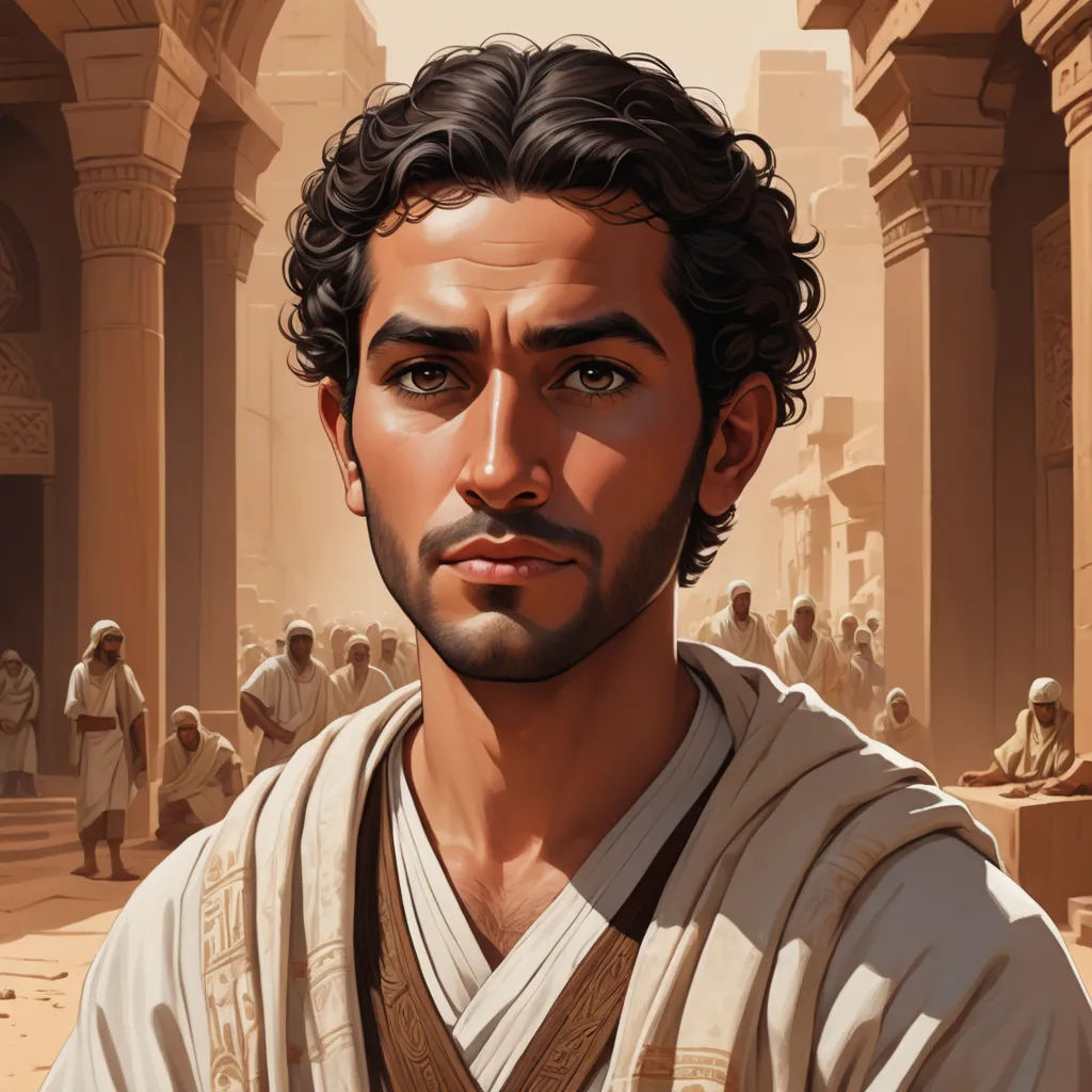 a man with a beard and a robe on in front of a crowd of people in a city with columns, dau-al-set, a character portrait, Cedric Seaut (Keos Masons), very detailed faces