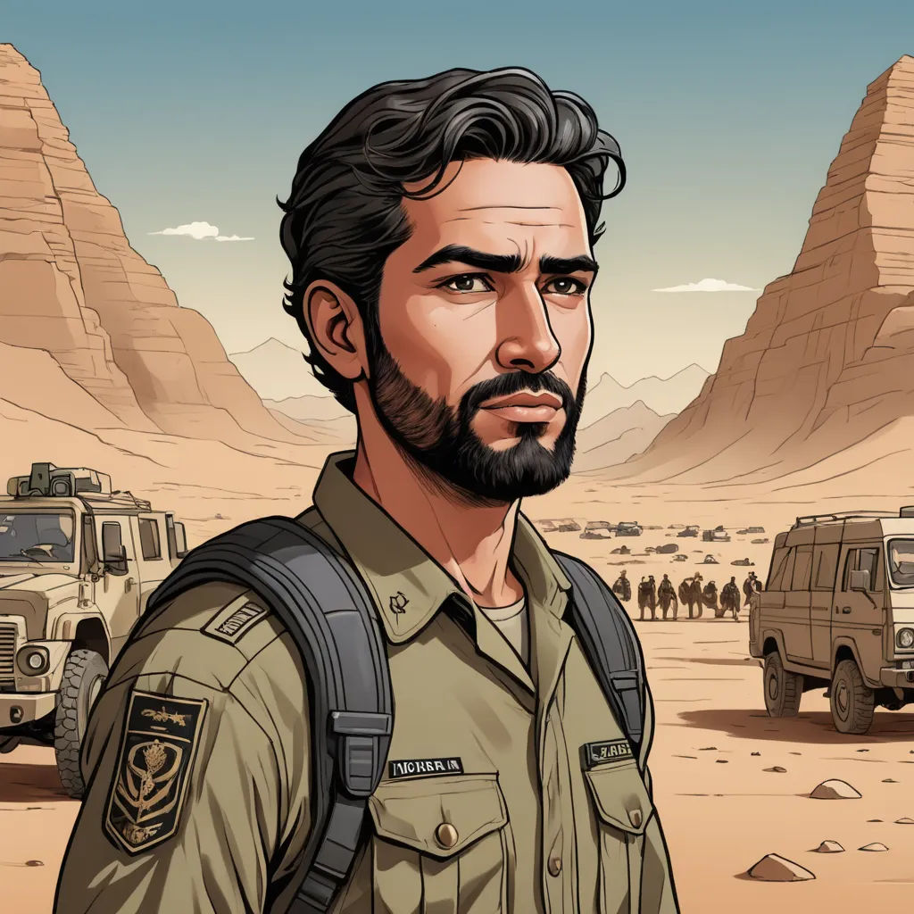 a man with a beard and a backpack in a desert with a group of jeeps in the background, serial art, a character portrait, Asaf Hanuka, character portrait