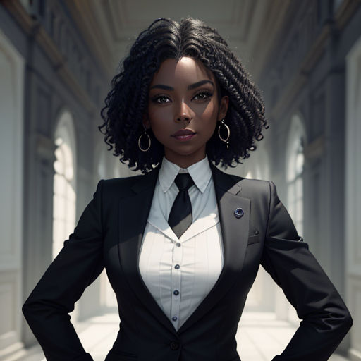a woman in a suit and tie standing in a hallway with her hands on her hips and her hands on her hips