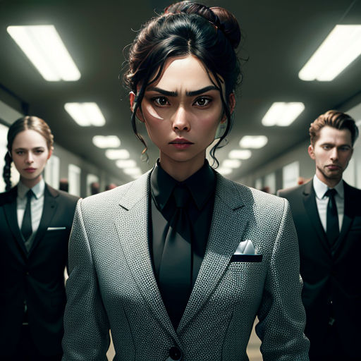 a woman in a suit standing in a hallway with other people in suits behind her and a man in a suit
