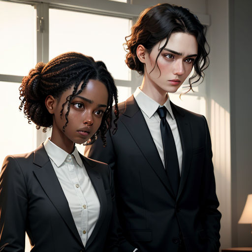 two women in suits standing next to each other in a room with a window and lamp on the side