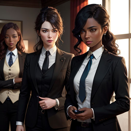 three women in suits and ties standing next to each other in a room with a window and a door