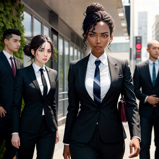 a group of business people walking down a street together in suits and ties, with one woman in a suit and the other in a tie