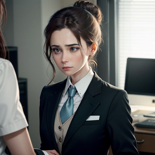 a woman in a suit and tie standing in front of a computer desk with a monitor and keyboard on it