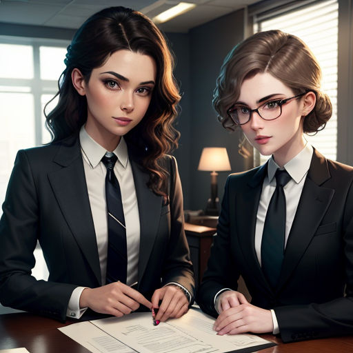 two women in suits sitting at a desk with papers and pen in hand and a lamp on the side