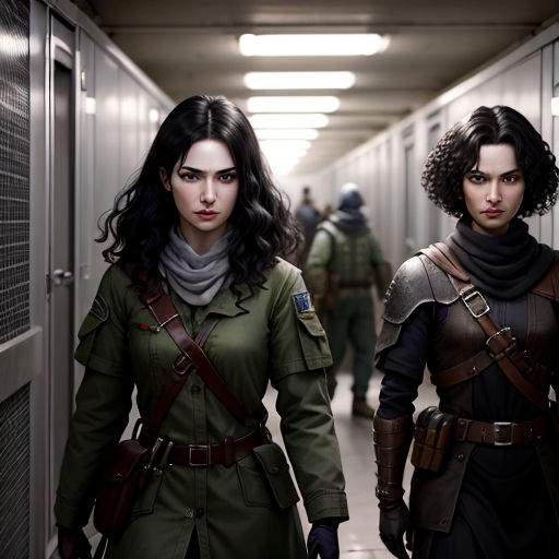 two women in uniforms walking down a hallway together in a hallway with lockers on either side of them