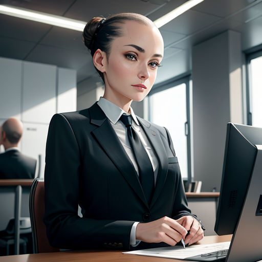 a woman in a suit sitting at a desk with a laptop computer in front of her, with a man in the background