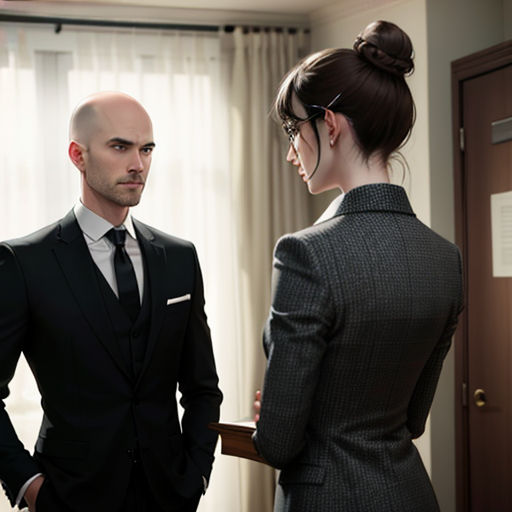 a man in a suit and tie standing next to a woman in a suit and tie in a room