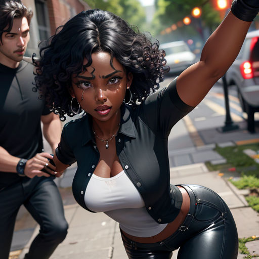 a woman in a white top and black pants is dancing on the street with a man in the background