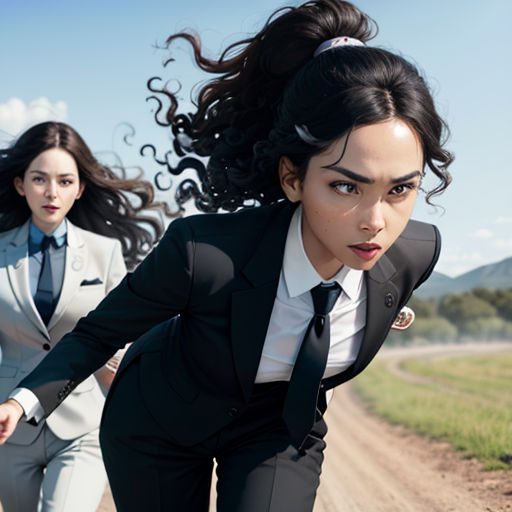 a woman in a suit and tie running down a dirt road with another woman in a suit and tie behind her