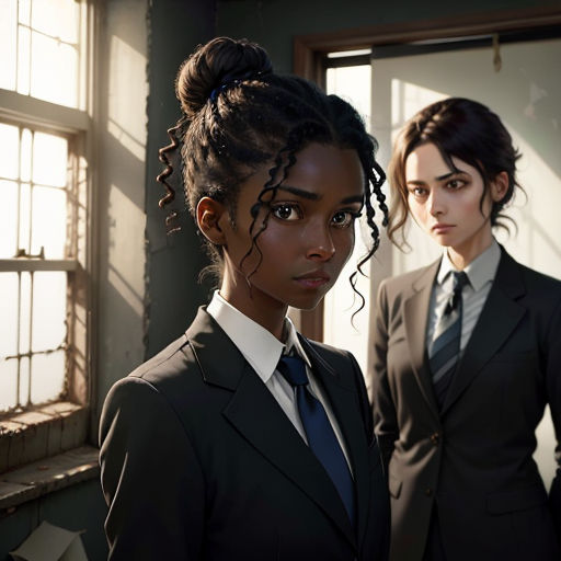 two women in suits standing next to each other in front of a window with sunlight streaming through the windows