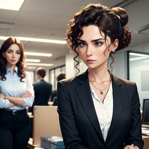a woman in a suit standing in an office with two other women in the background looking at the camera