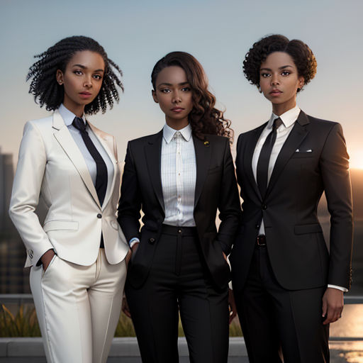 three women in suits standing next to each other in front of a sunset sky and a cityscape