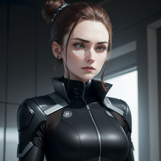 a woman in a futuristic suit with a ponytail in her hair and a ponytail in her hair, standing in a room