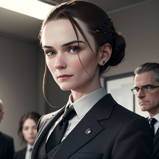 a woman in a suit and tie standing in front of a group of people in suits and ties,