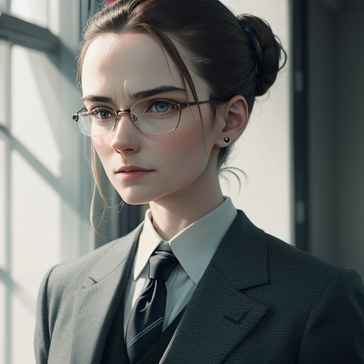 a woman wearing glasses and a suit looks off to the side with a serious look on her face and shoulder