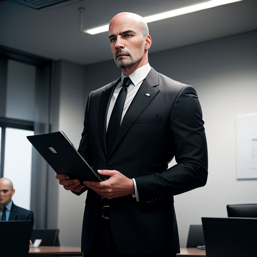 a man in a suit holding a laptop in a meeting room with other men in the background looking at the camera