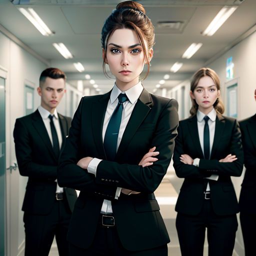 a group of people in suits standing in a hallway with their arms crossed and looking at the camera with a serious look on their face