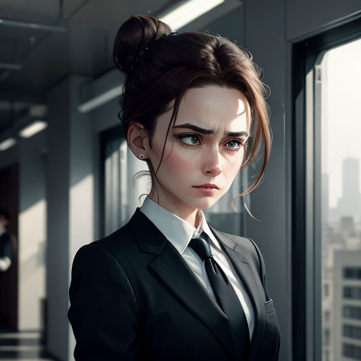 a woman in a suit and tie standing in an office building looking out the window with a serious look on her face