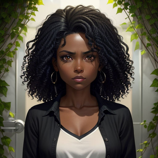 a woman with a black shirt and a black jacket is standing in front of a doorway with ivy growing on it