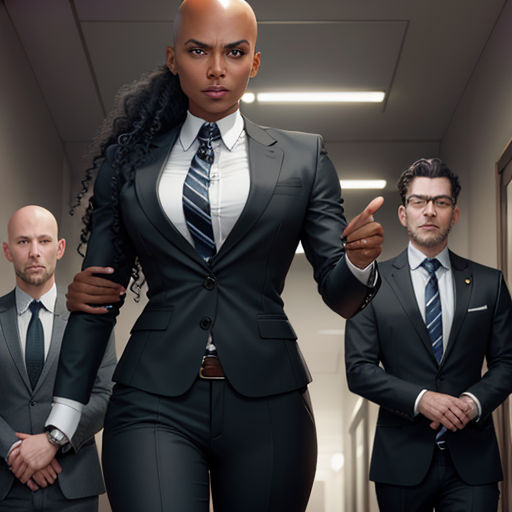 a woman in a suit and tie standing in a hallway with two men in suits behind her and a woman in a suit pointing at her