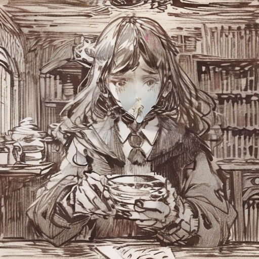 a drawing of a girl sitting at a table with a cup of coffee in her hands and a book in her hand