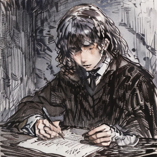 a drawing of a person sitting at a table writing on a piece of paper with a pen and paper clipping