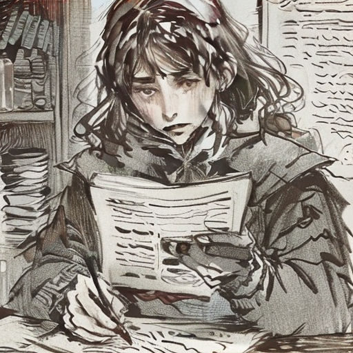 a drawing of a girl reading a book in a library with a cat on her head and a cat on her shoulder