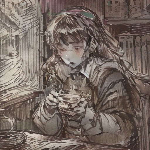 a drawing of a girl sitting at a table with a cup of coffee in her hands and looking at her phone