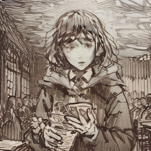 a drawing of a woman holding a cup of coffee in a restaurant with a man in the background looking at her phone