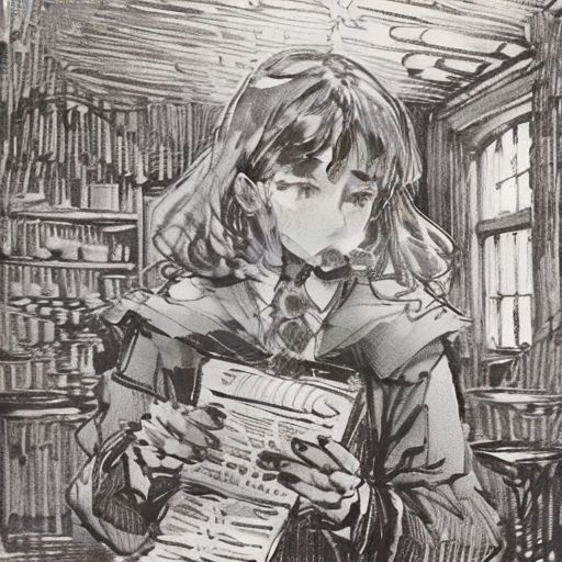 a drawing of a girl reading a newspaper in a library with a window behind her and a shelf of books behind her