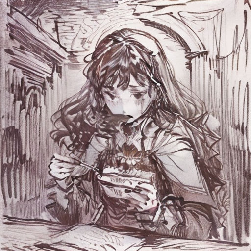 a drawing of a girl sitting at a table with a book and a pen in her hand and a book in her other hand