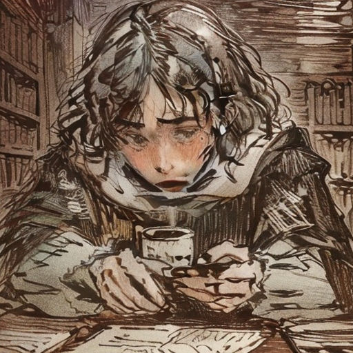 a drawing of a woman holding a cup of coffee and looking at a book with a bird on it
